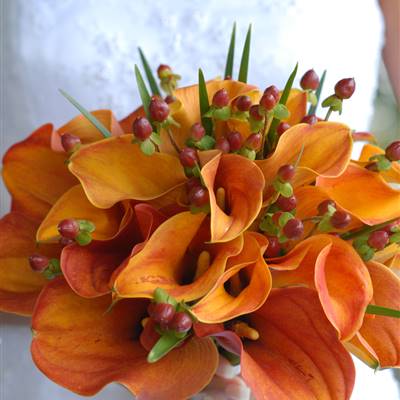 Brautstrauß rund orange Calla und Hypericum